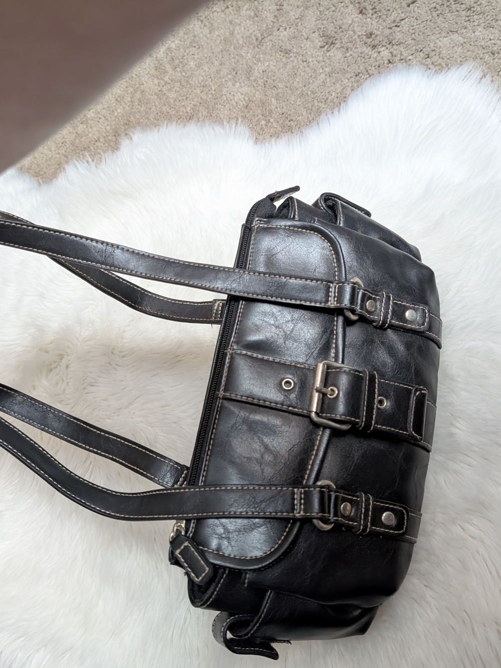 Small Black Vinyl Shoulder Bag with Buckle Detail - Picture 5 of 13